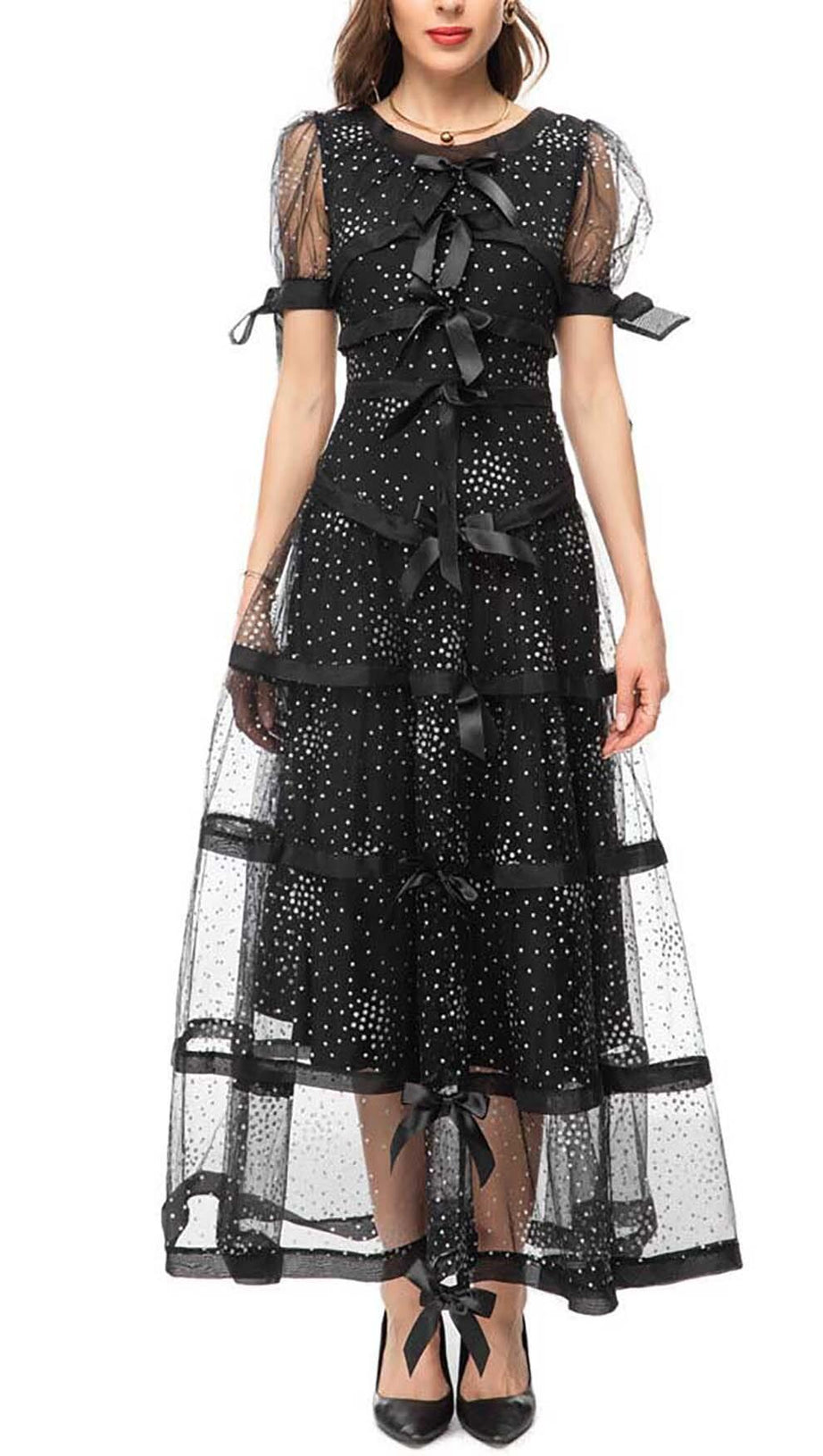 SEQUIN BOW DETAILED MAXI DRESS IN BLACK