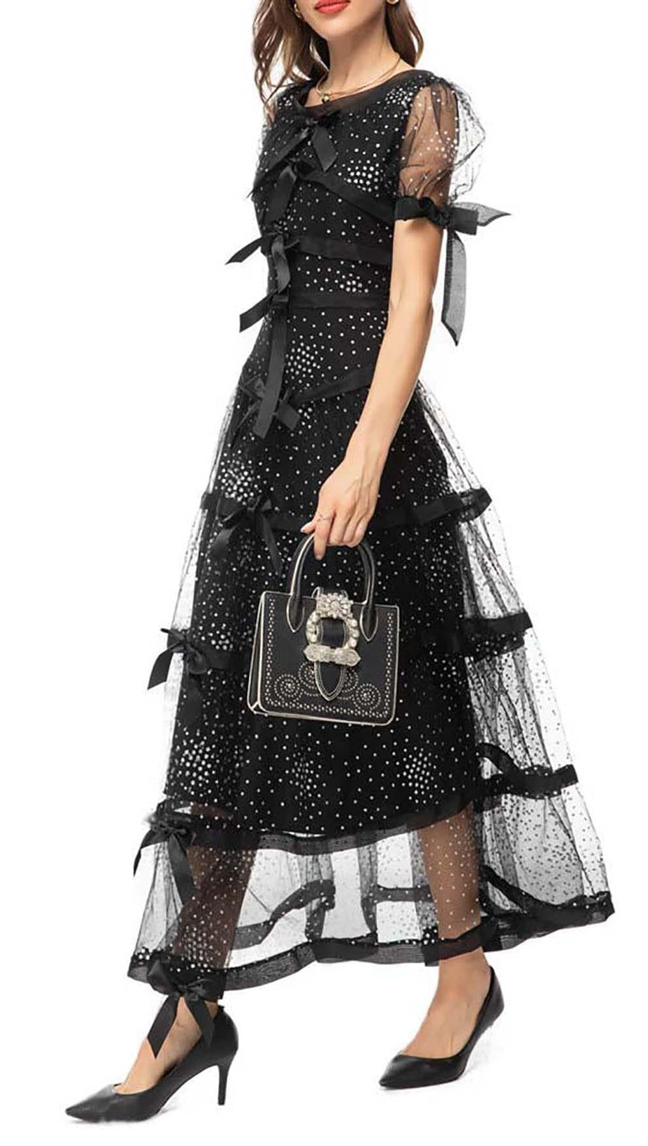 SEQUIN BOW DETAILED MAXI DRESS IN BLACK