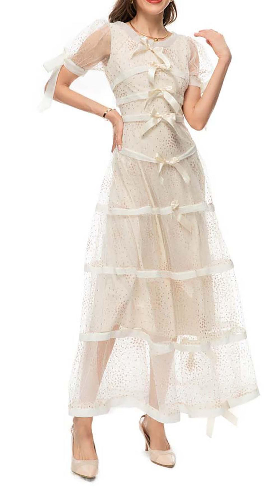 SEQUIN BOW DETAILED MAXI DRESS IN WHITE