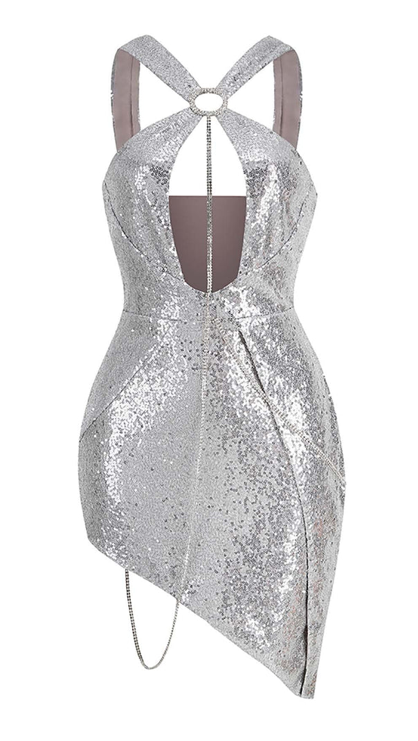 AIIZIE SEQUIN CUTOUT HIGH LOW DRESS IN SLIVER - product image