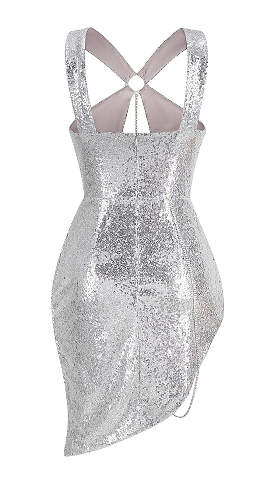 SEQUIN CUTOUT HIGH LOW DRESS IN SLIVER