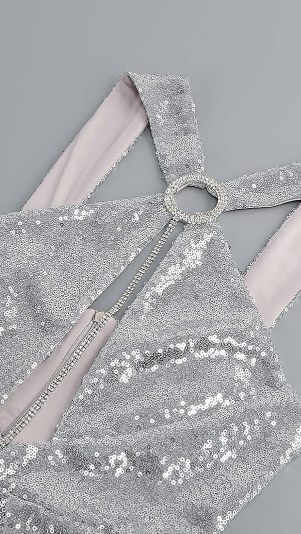 AIIZIE SEQUIN CUTOUT HIGH LOW DRESS IN SLIVER - product image