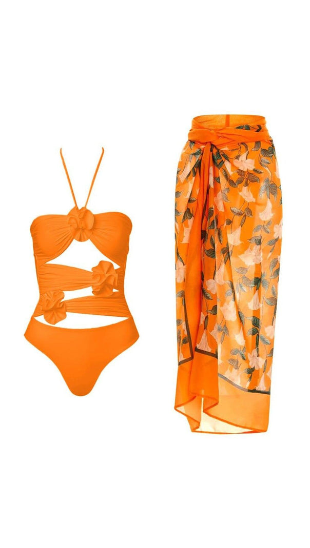 AIIZIE HALTER CUTOUT 3D FLOWER DECOR ONE PIECE SWIMSUIT AND SARONG - product image