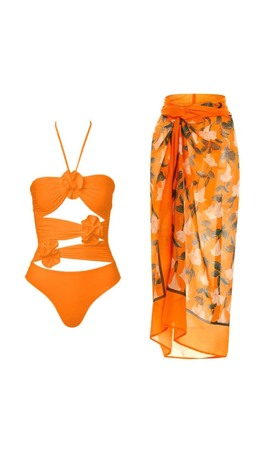 COSTUME DA BAGNO INTERO CON BORCHIE E PAREO CON DECORAZIONE A FIORI 3D