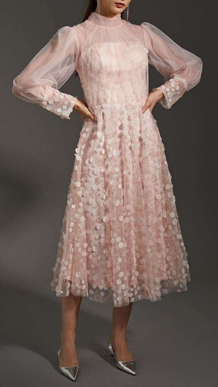 SEQUIN MESH TULLE MIDI DRESS IN PINK