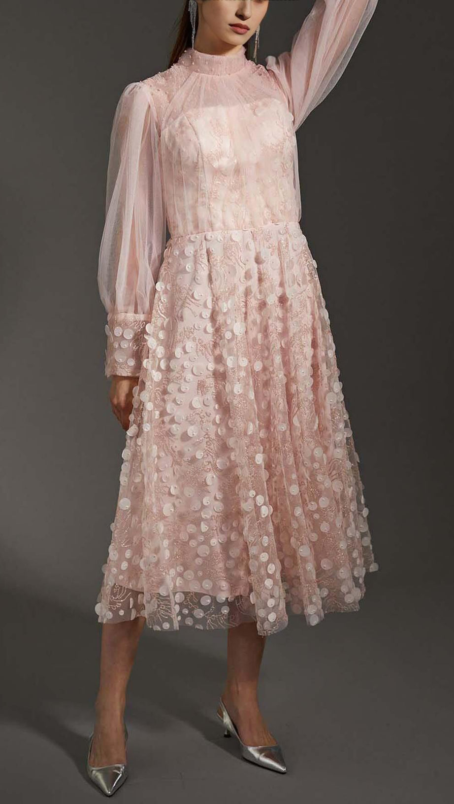 SEQUIN MESH TULLE MIDI DRESS IN PINK
