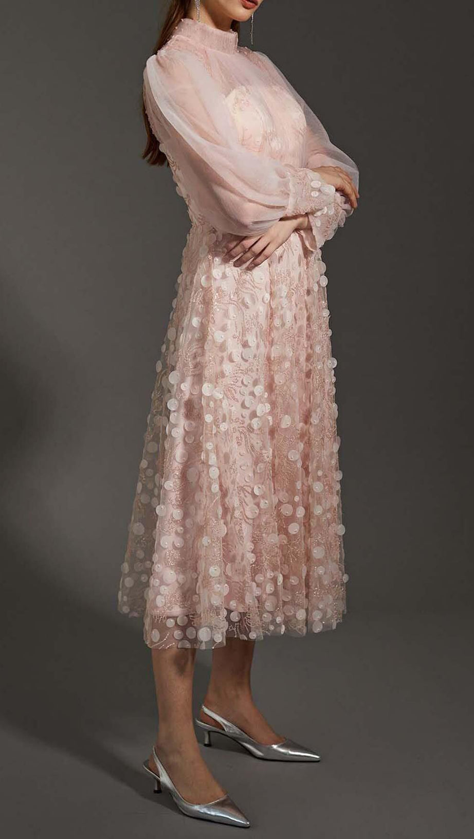 SEQUIN MESH TULLE MIDI DRESS IN PINK