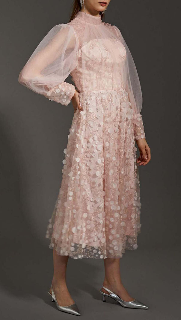 AIIZIE SEQUIN MESH TULLE MIDI DRESS IN PINK - product image