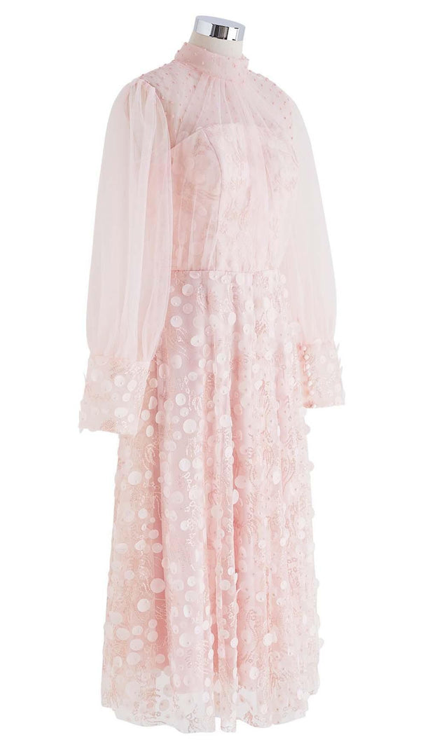 ABITO MIDI IN TULLE A RETE CON PAILLETTES ROSA