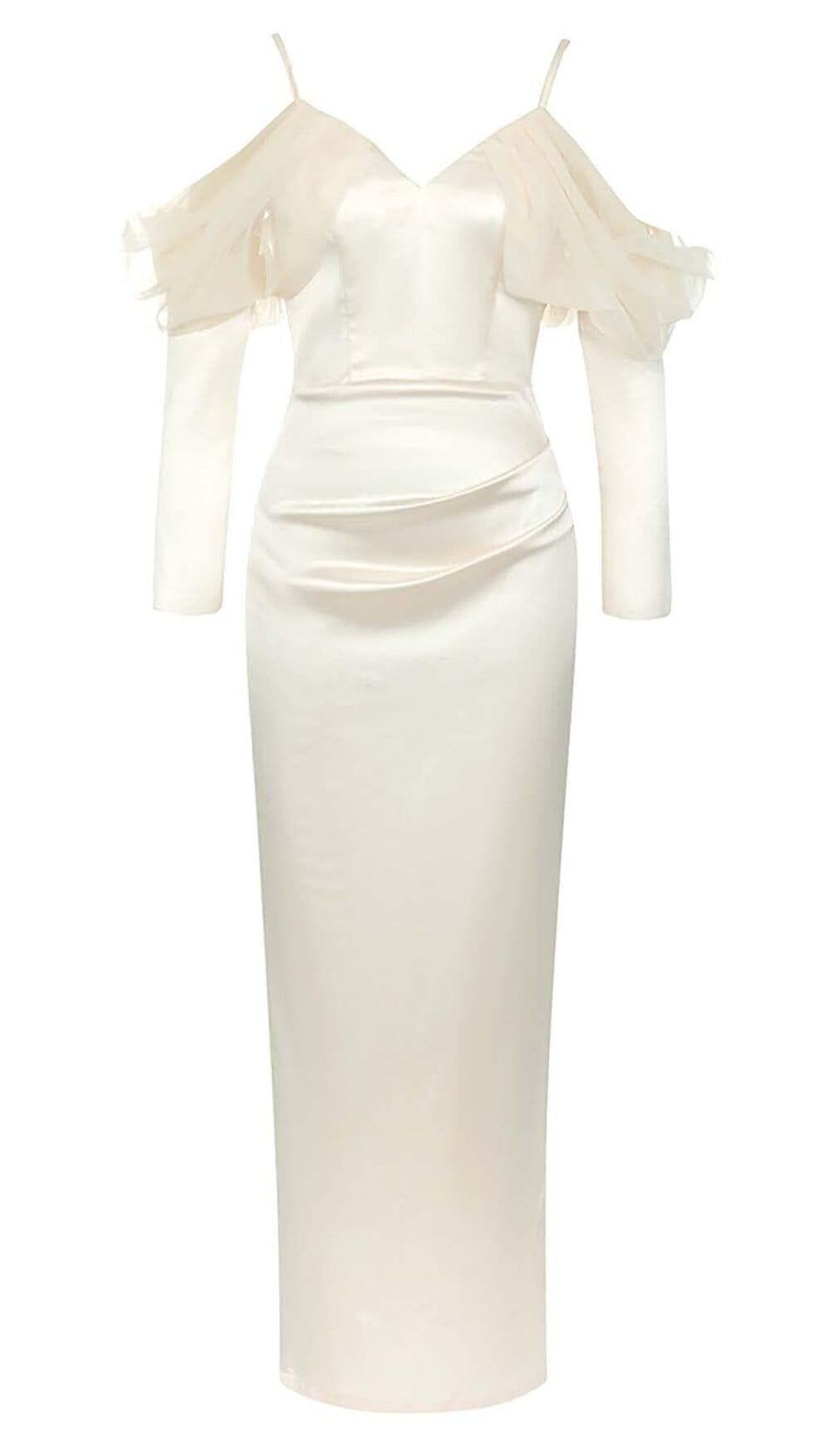 SILK COLD SHOULDER MIDI DRESS IN APRICOT