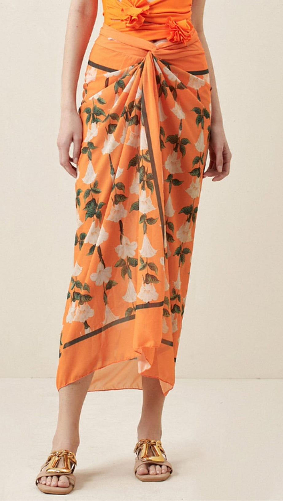 HALTER CUTOUT 3D FLOWER DECOR ONE PIECE SWIMSUIT AND SARONG