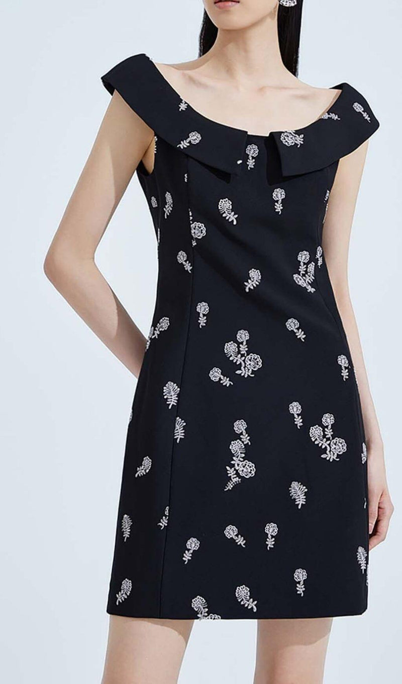 SLEEVELESS EMBROIDERED MINI DRESS IN BLACK