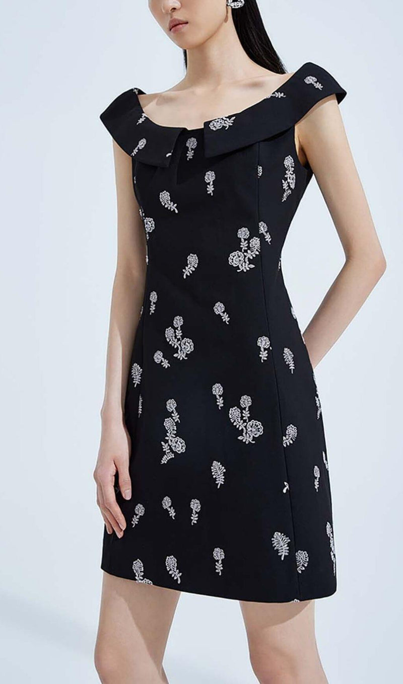 SLEEVELESS EMBROIDERED MINI DRESS IN BLACK