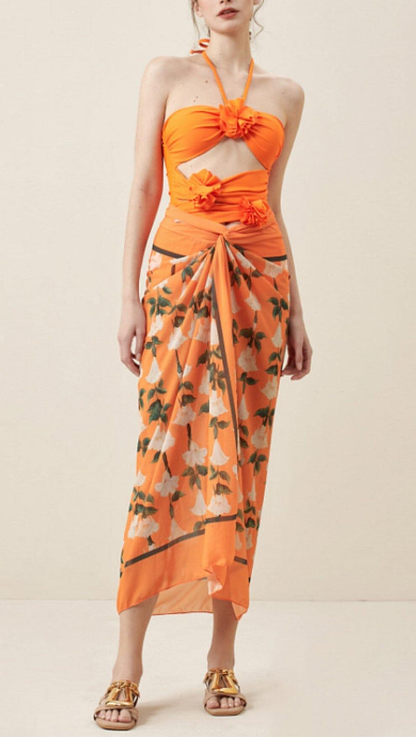 AIIZIE HALTER CUTOUT 3D FLOWER DECOR ONE PIECE SWIMSUIT AND SARONG - product image