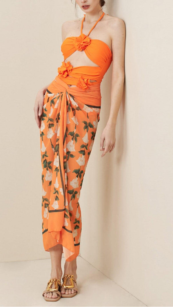 AIIZIE HALTER CUTOUT 3D FLOWER DECOR ONE PIECE SWIMSUIT AND SARONG - product image