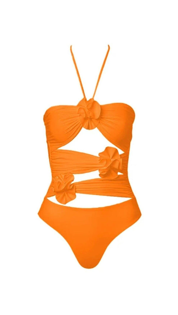 AIIZIE HALTER CUTOUT 3D FLOWER DECOR ONE PIECE SWIMSUIT AND SARONG - product image