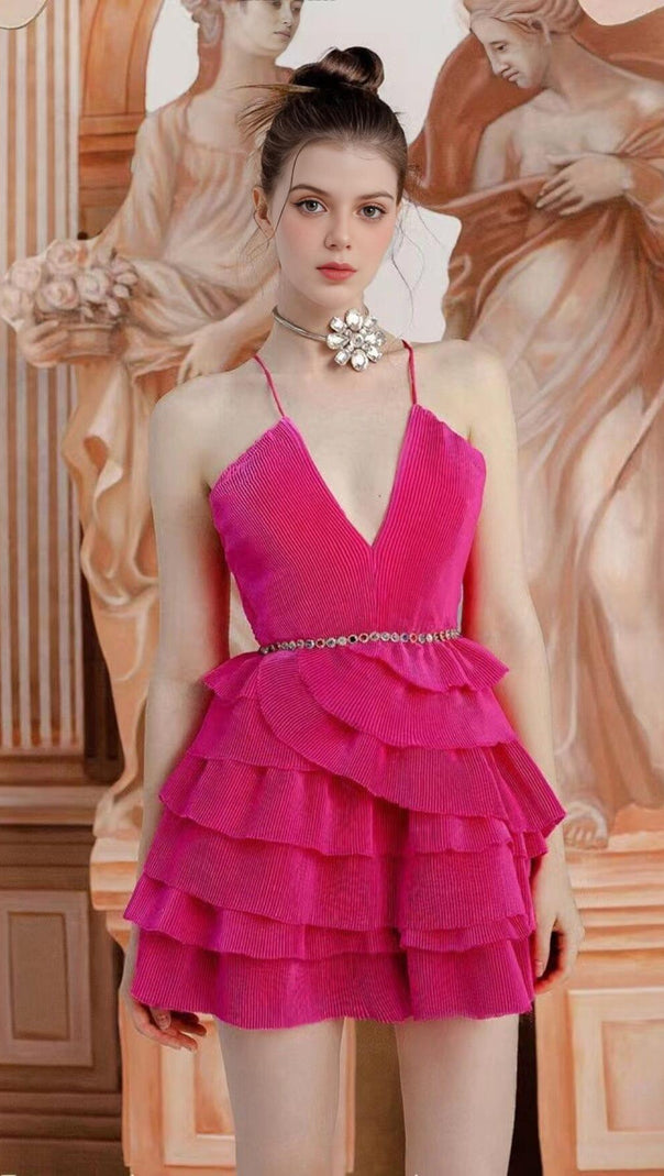AIIZIE SPAGHETTI STRAPS TIERED MINI DRESS IN HOT PINK - product image