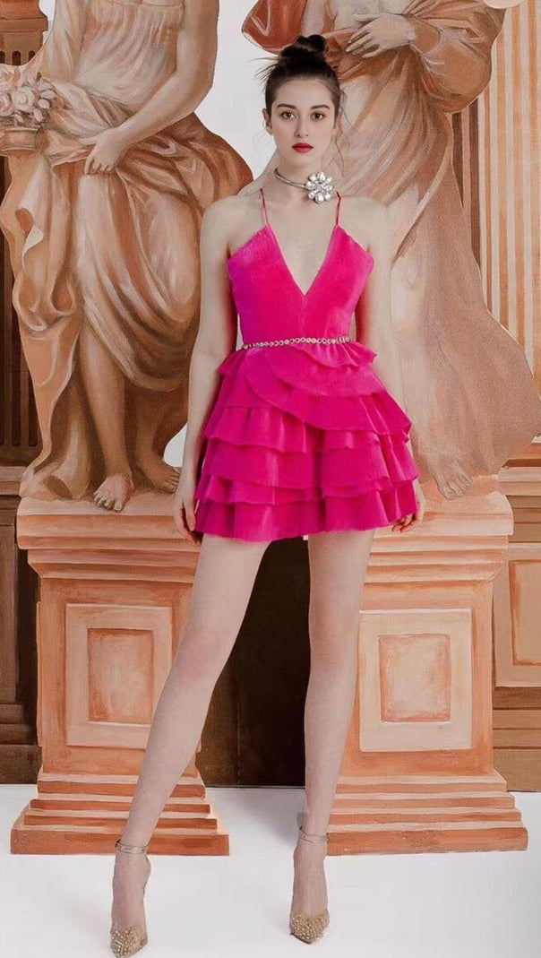 AIIZIE SPAGHETTI STRAPS TIERED MINI DRESS IN HOT PINK - product image