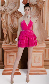 SPAGHETTI STRAPS TIERED MINI DRESS IN HOT PINK