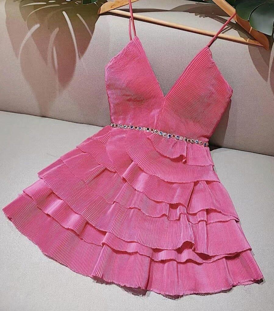 AIIZIE SPAGHETTI STRAPS TIERED MINI DRESS IN HOT PINK - product image