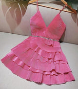 SPAGHETTI STRAPS TIERED MINI DRESS IN HOT PINK