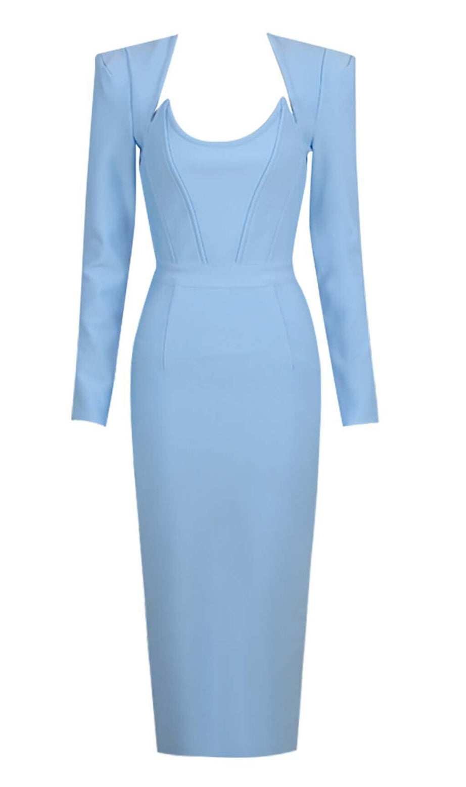 SQUARE SHOULDER CORSET MIDI DRESS IN BLUE