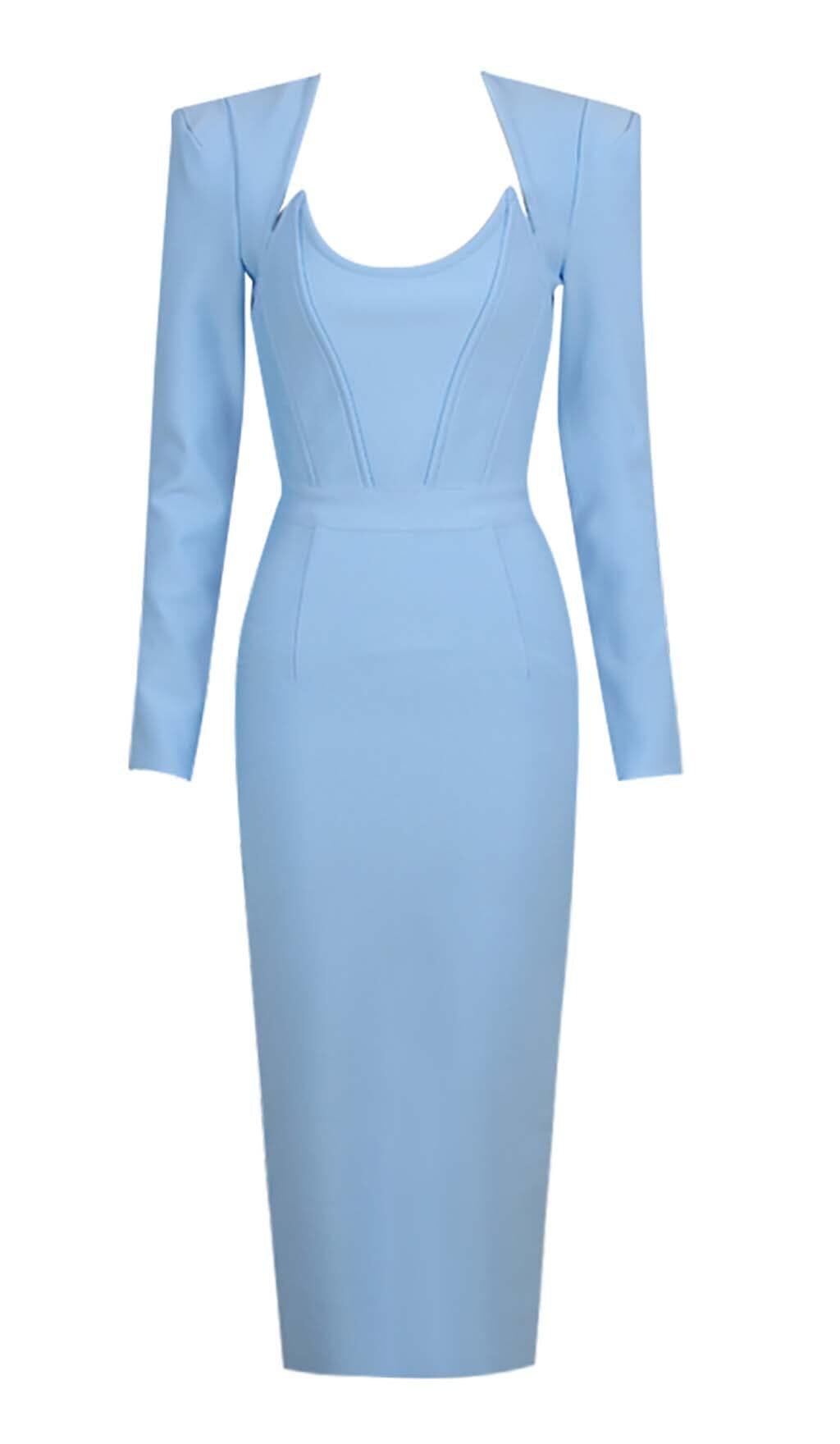 ABITO MIDI CON CORSETTO E SPALLE QUADRATE IN BLU