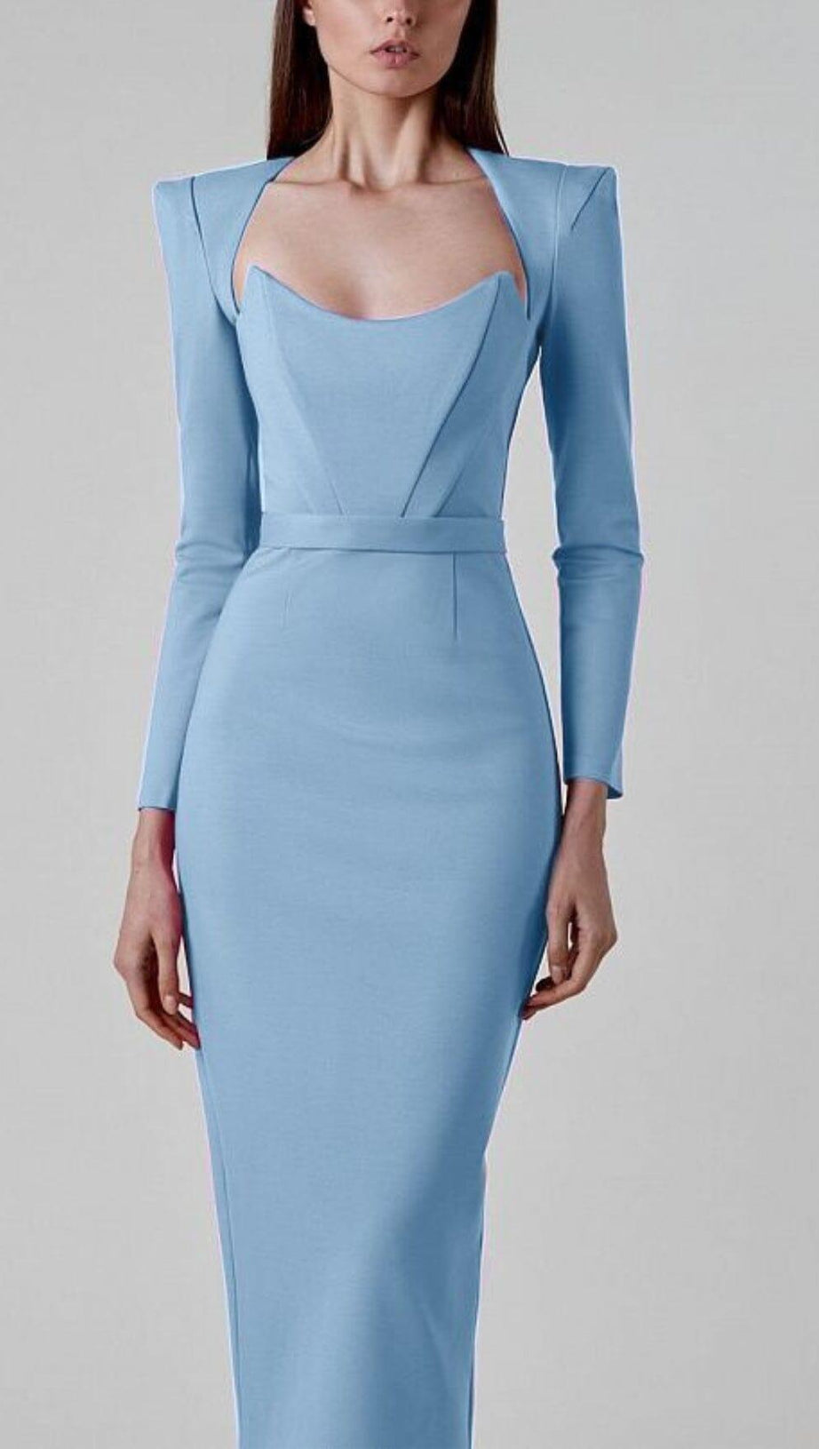 SQUARE SHOULDER CORSET MIDI DRESS IN BLUE