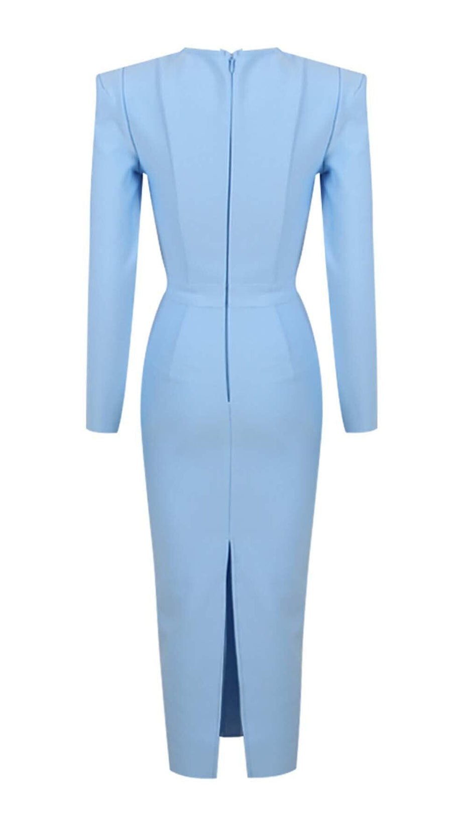 SQUARE SHOULDER CORSET MIDI DRESS IN BLUE