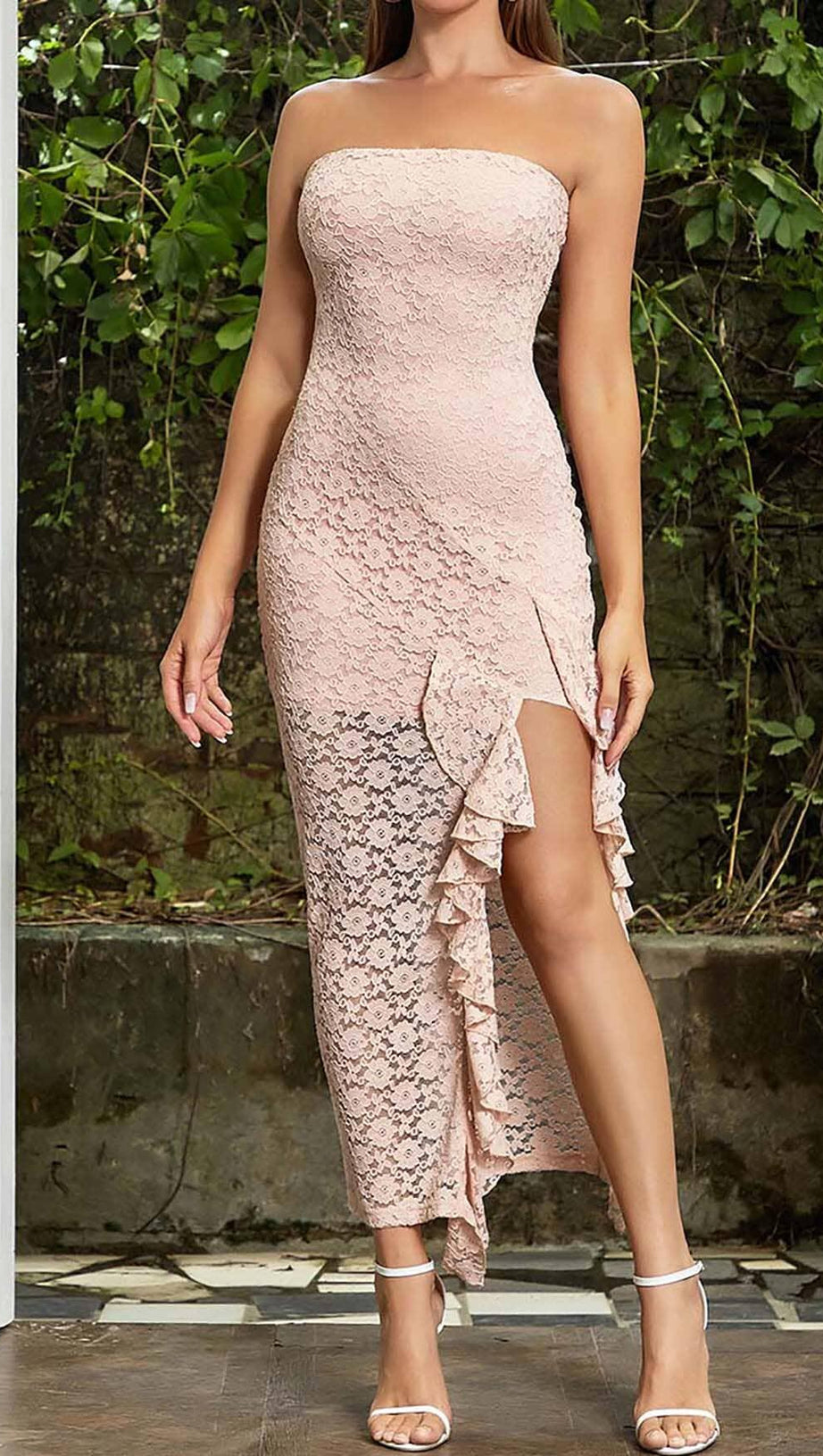 STRAPPY RUFFLE DETAIL MIDI DRESS IN PINK