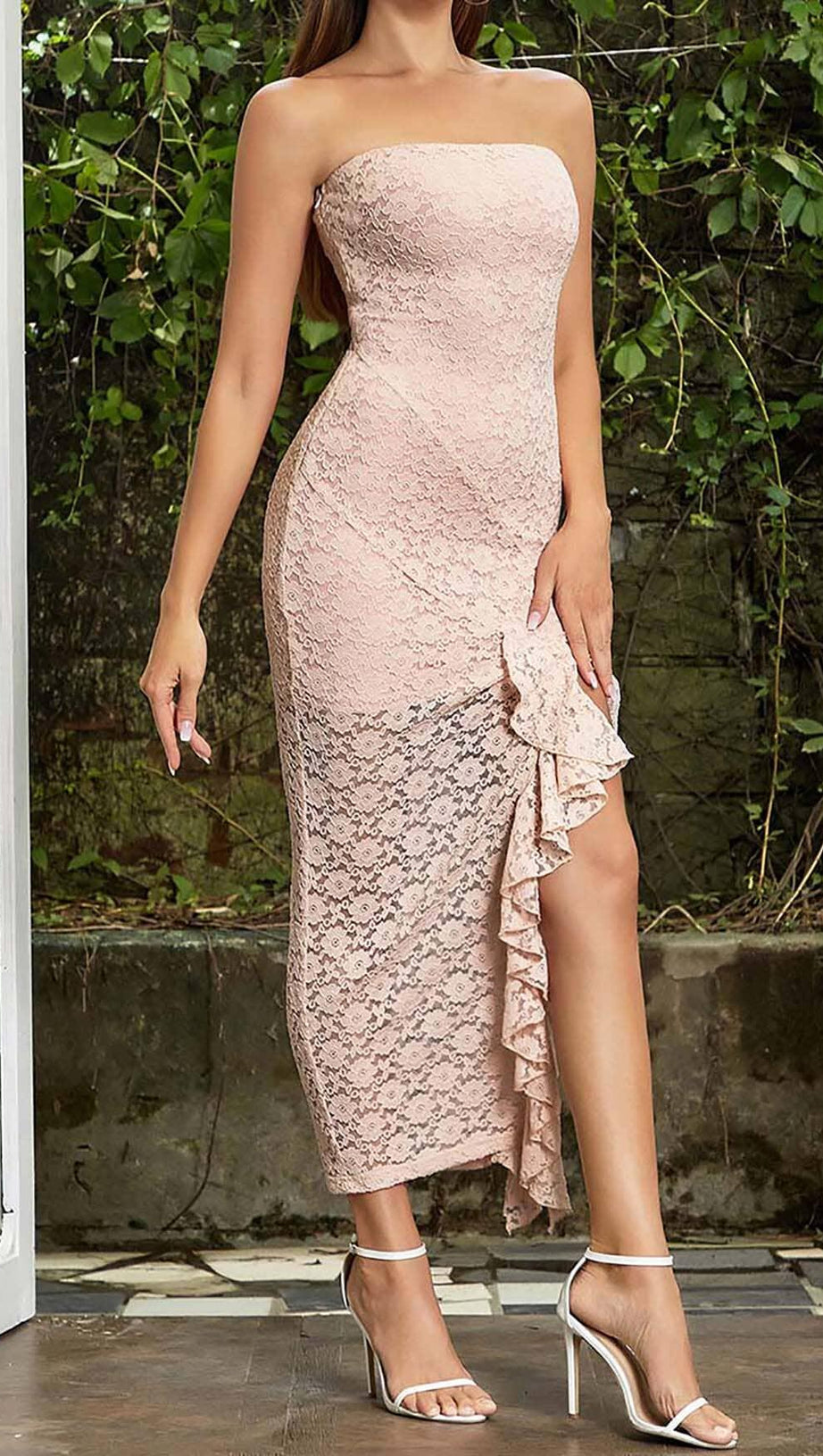 STRAPPY RUFFLE DETAIL MIDI DRESS IN PINK