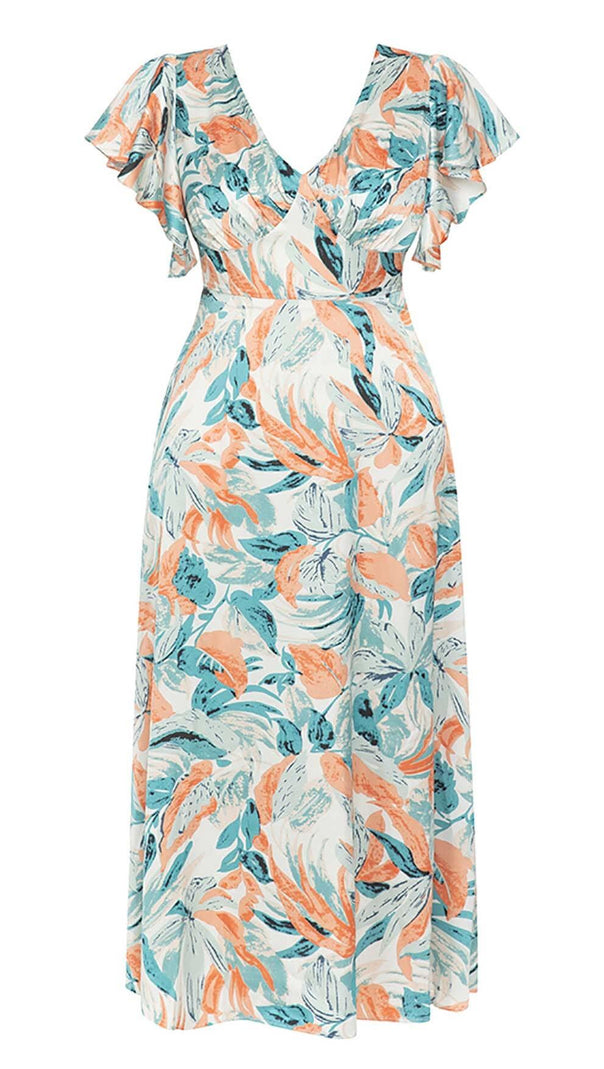 AIIZIE TROPICAL PRINT BUTTERFLY SLEEVE MIDI DRESS IN MULTI COLOR - product image