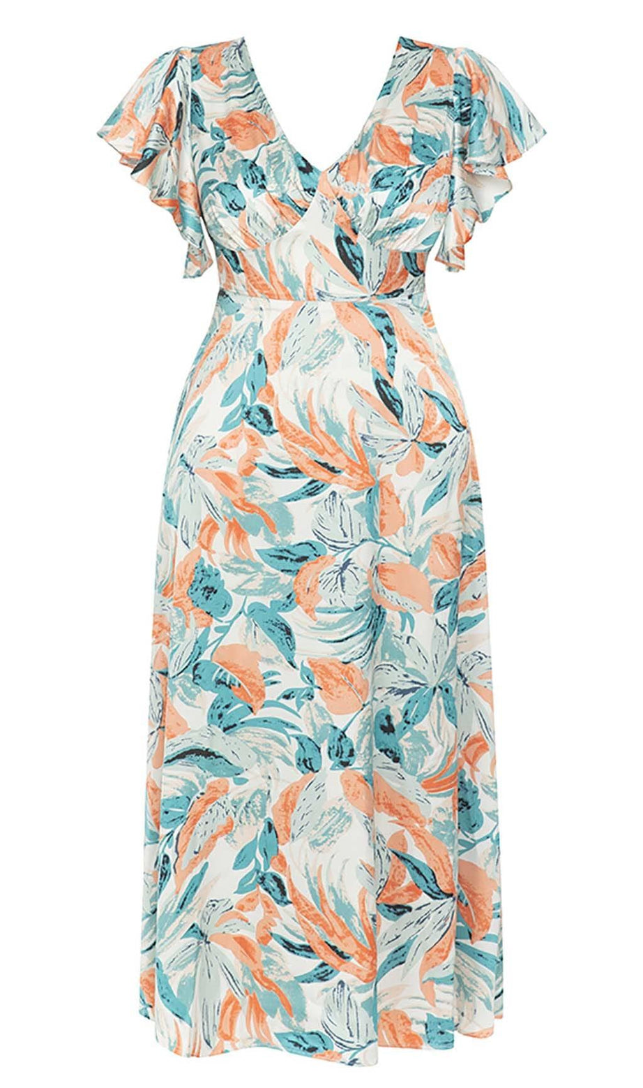 TROPICAL PRINT BUTTERFLY SLEEVE MIDI DRESS IN MULTI COLOR