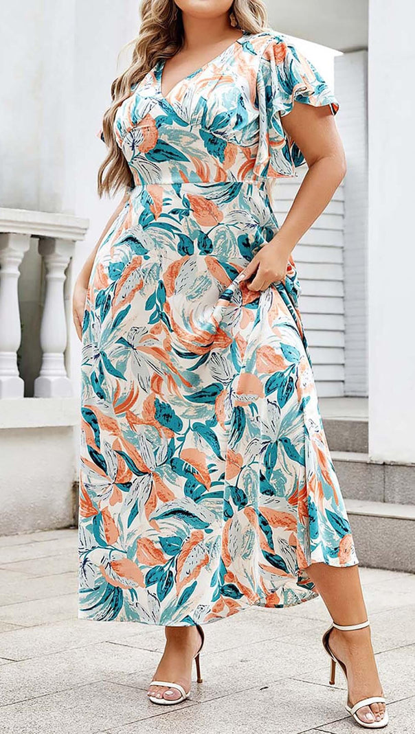 AIIZIE TROPICAL PRINT BUTTERFLY SLEEVE MIDI DRESS IN MULTI COLOR - product image