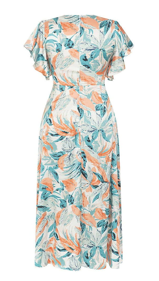 AIIZIE TROPICAL PRINT BUTTERFLY SLEEVE MIDI DRESS IN MULTI COLOR - product image
