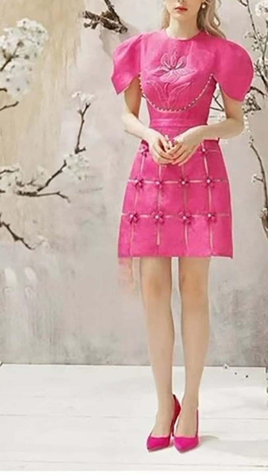 3D FLOWER O NECK MINI DRESS IN PINK