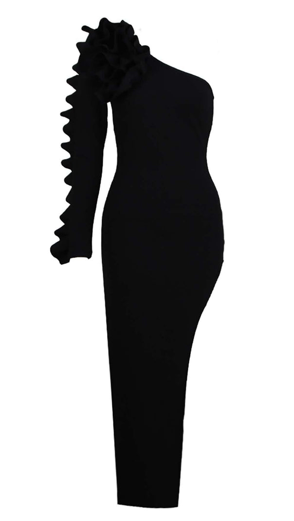 AIIZIE ASYMMETRIC ONE SLEEVE MIDI DRESS IN BLACK - product image