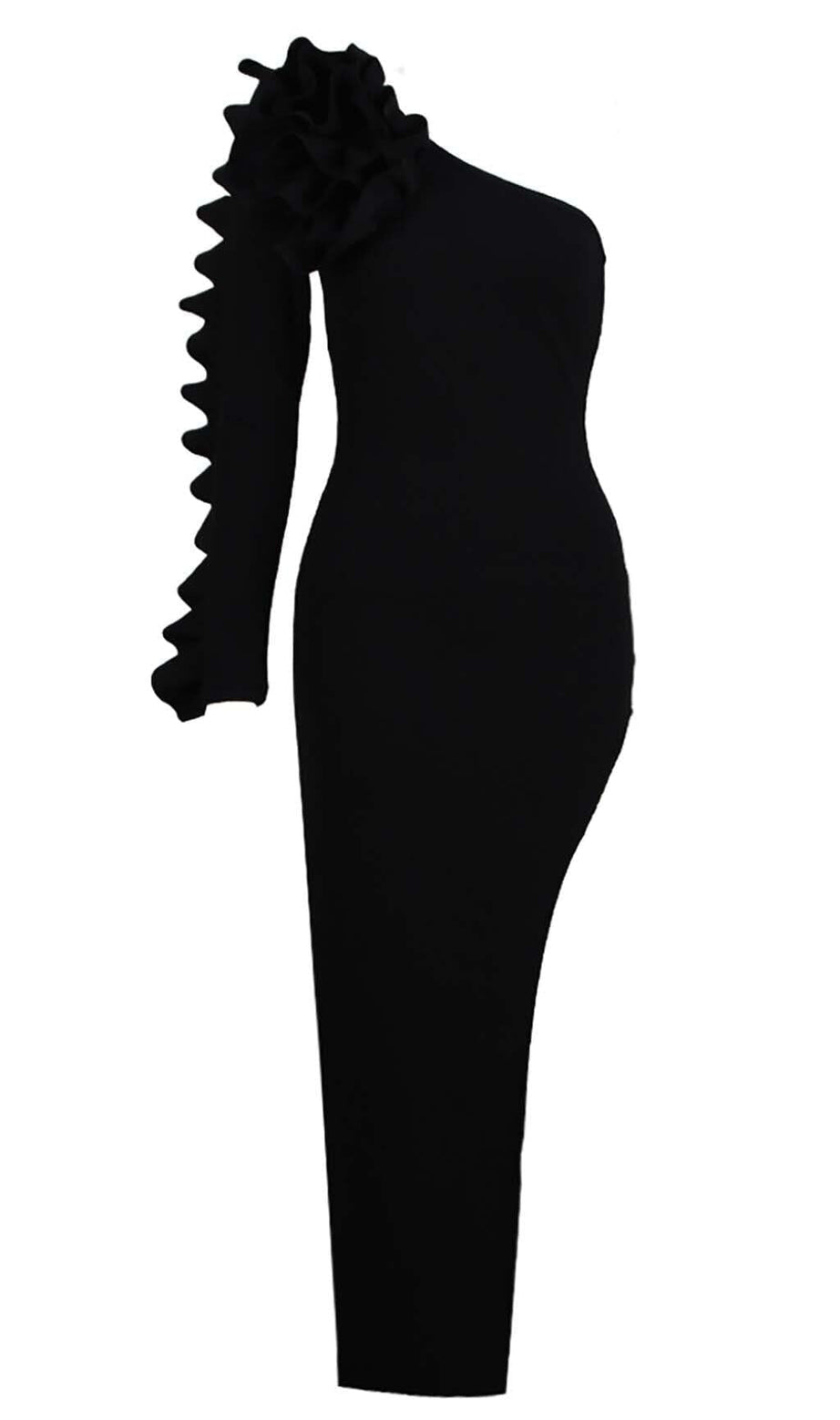 ASYMMETRIC ONE SLEEVE MIDI DRESS IN BLACK