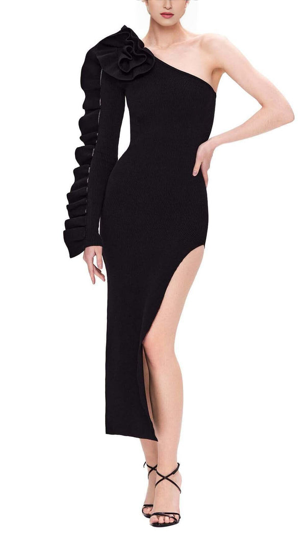 AIIZIE ASYMMETRIC ONE SLEEVE MIDI DRESS IN BLACK - product image