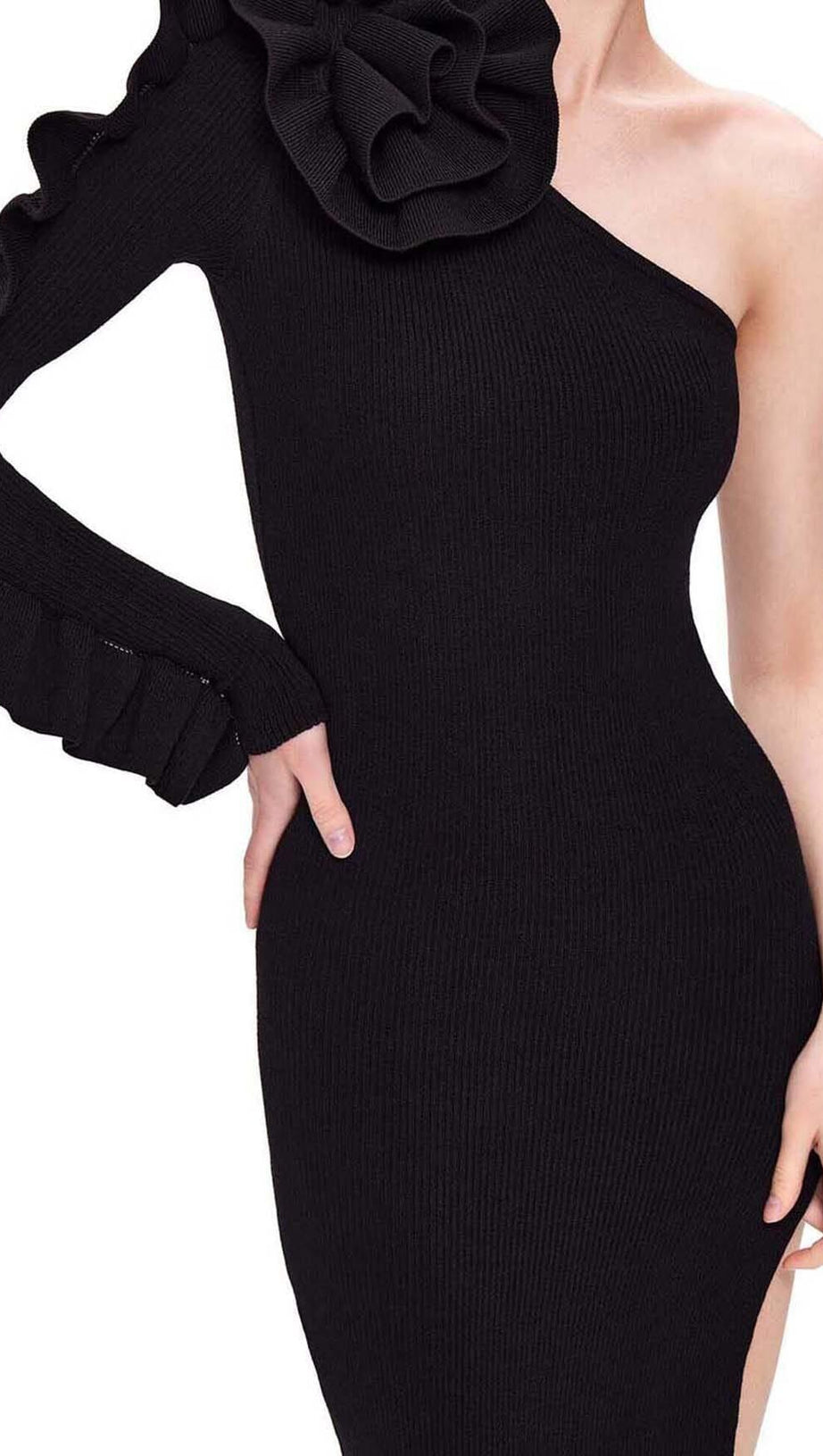 ASYMMETRIC ONE SLEEVE MIDI DRESS IN BLACK
