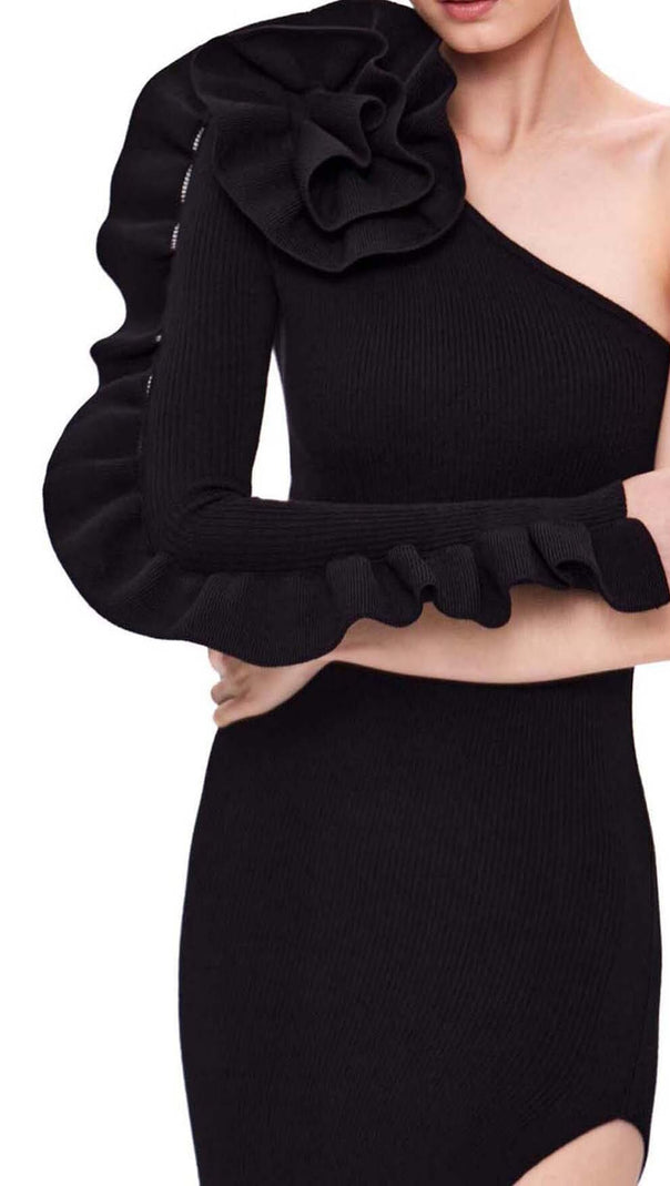 AIIZIE ASYMMETRIC ONE SLEEVE MIDI DRESS IN BLACK - product image