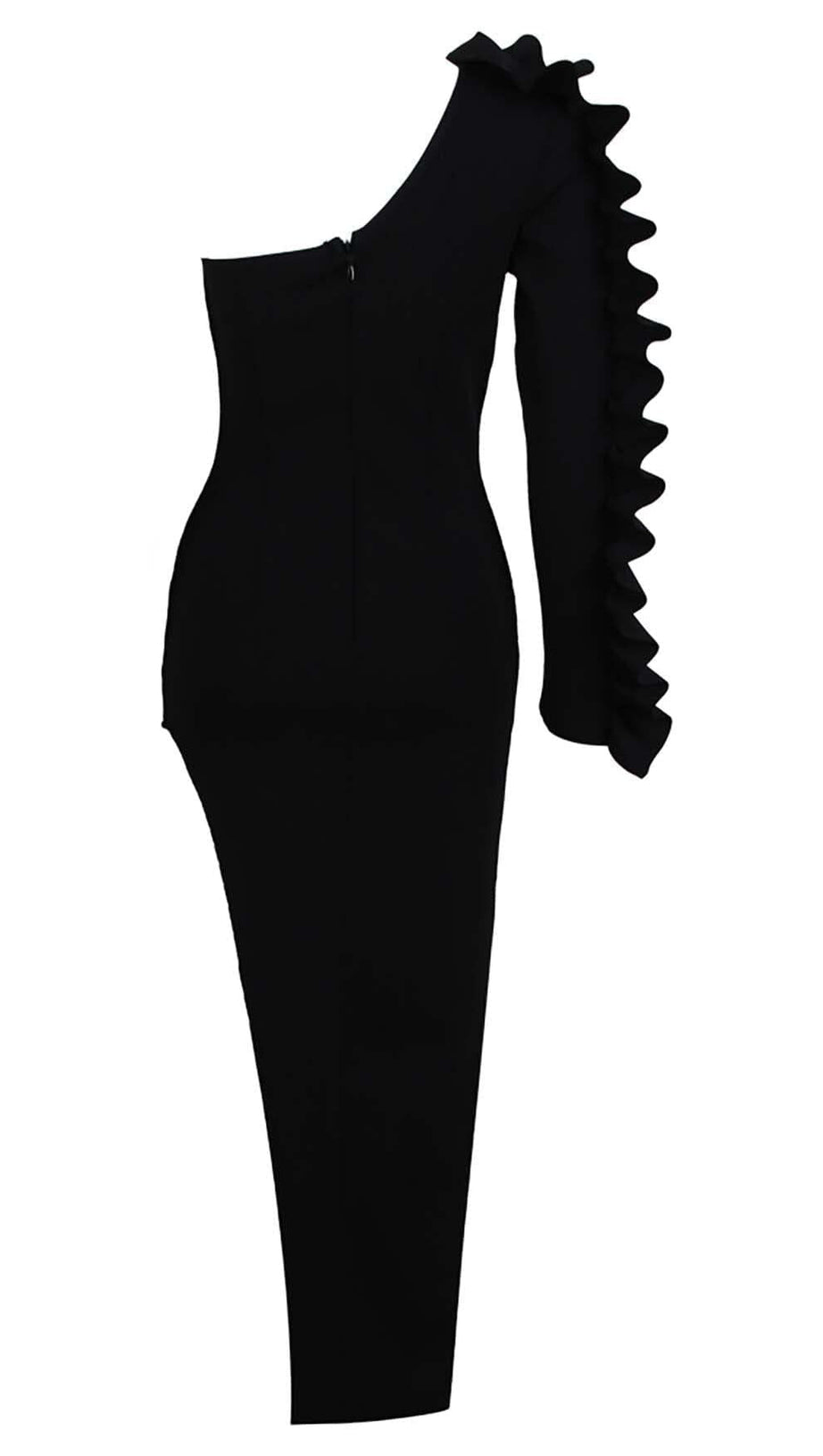 ASYMMETRIC ONE SLEEVE MIDI DRESS IN BLACK