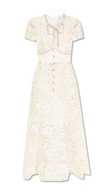 BOW-EMBELLISHED FLORAL-LACE MIDI DRESS IN BEIGE