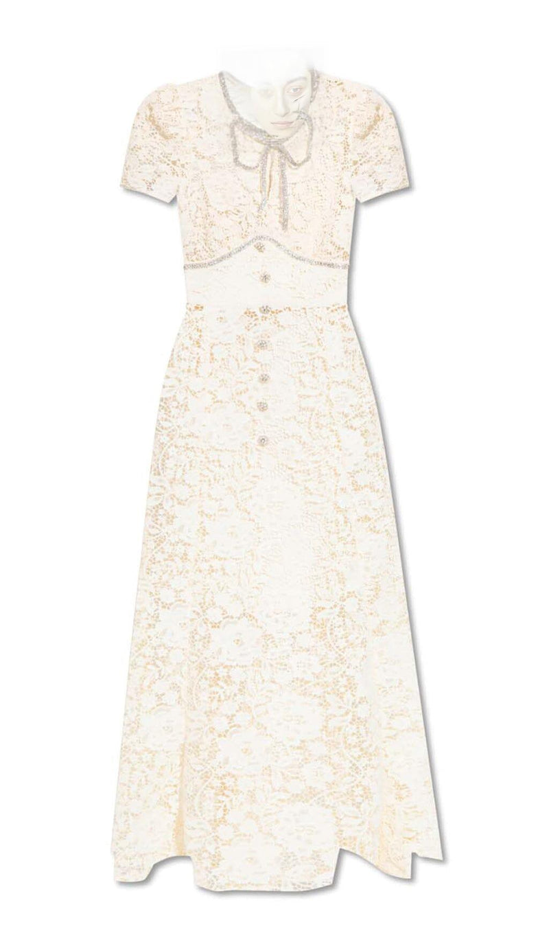 BOW-EMBELLISHED FLORAL-LACE MIDI DRESS IN BEIGE