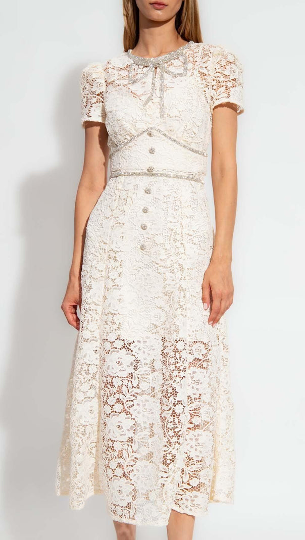 AIIZIE BOW-EMBELLISHED FLORAL-LACE MIDI DRESS IN BEIGE - product image