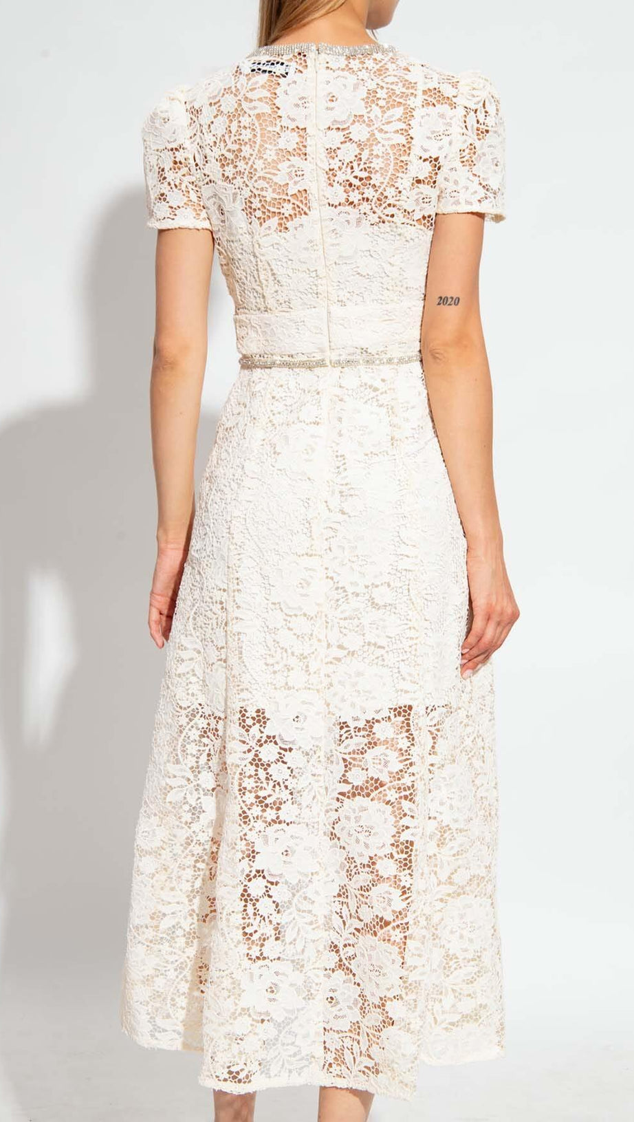 BOW-EMBELLISHED FLORAL-LACE MIDI DRESS IN BEIGE