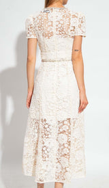 BOW-EMBELLISHED FLORAL-LACE MIDI DRESS IN BEIGE