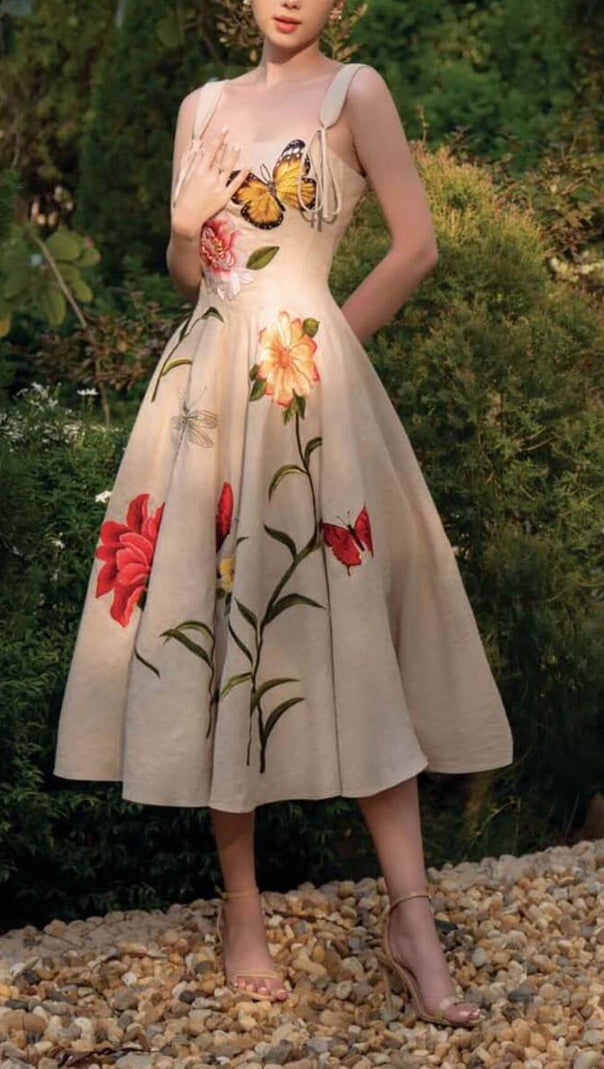 AIIZIE BUTTERFLY FLOWER PRINY MIDI DRESS IN GRAY - product image
