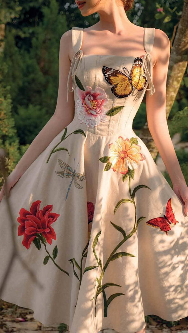 AIIZIE BUTTERFLY FLOWER PRINY MIDI DRESS IN GRAY - product image