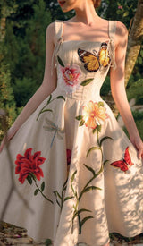 BUTTERFLY FLOWER PRINY MIDI DRESS IN GRAY